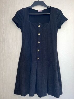 Madewell Black Short-Sleeve Knit Mini Dress with Gold Buttons